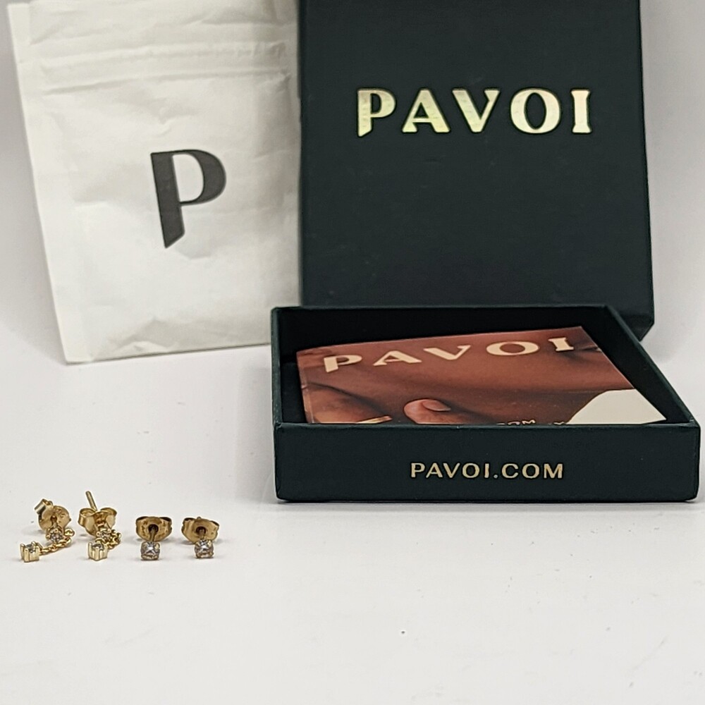 PAVOI 14K Gold Plated Sterling Silver CZ Stud and Frontline Chain Earring Set